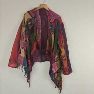 Anu By Natural Art To Wear Colorful Wool Langenlook Ruana Jacket Open Front S/M